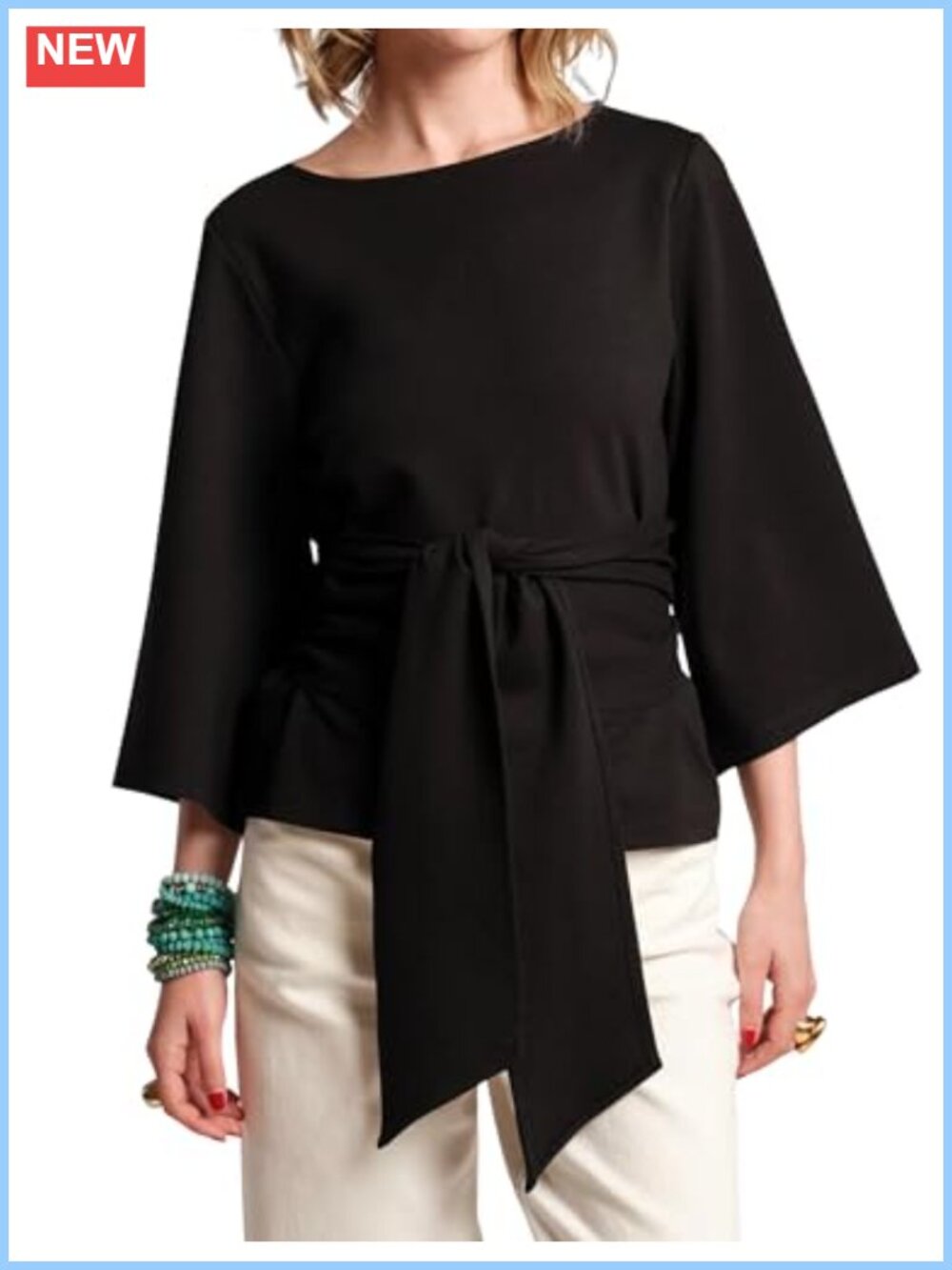 Women's Loose Fit Tunic Top with Attached Belt 3/4 Trumpet Sleeve Casual Blouse